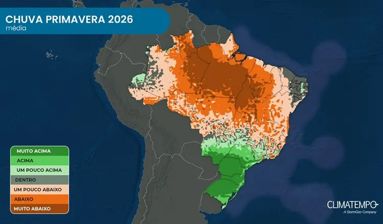 Anomalia de precipitação prevista para a primavera de 2026 no Brasil, conforme previsão da Climatempo. Crédito: StormGeo Company.